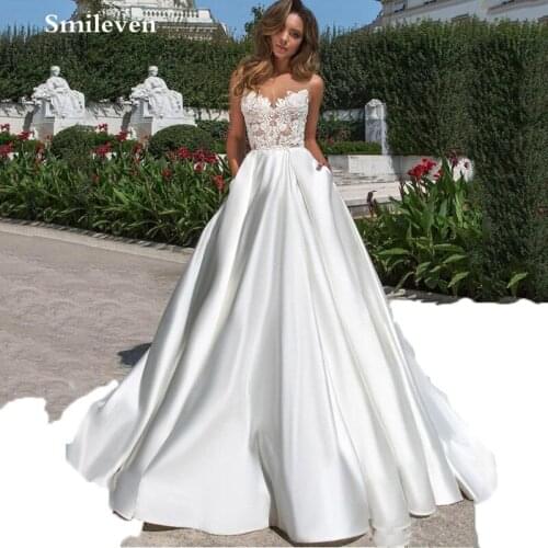 Smileven Satin Wedding dress A Line Boho Lace Wedding Gown With Pockets Vestido De Noiva Bride Dresses