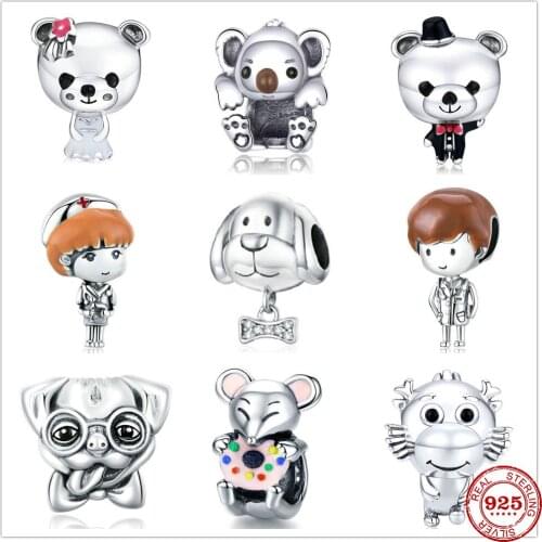 2021 New Cute Dog Sheep Bear Mouse Squirrel Doctor Charm Beads fit Original Pandora Charms Silver 925 Bracelet DIY Women Jewelry