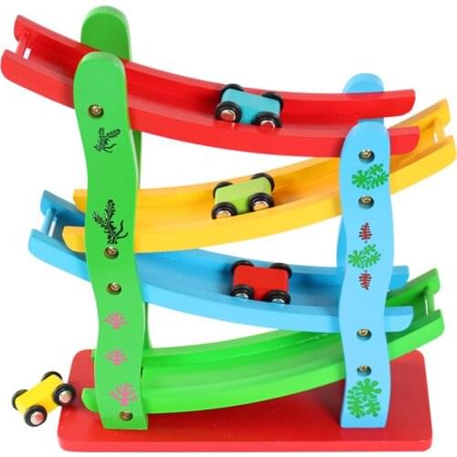 Cartoon Wooden Vehicle Toy DIY Gliding Ladder Track Car Assemble Model Set Early Educational Toys Gifts For Children Kids Baby
