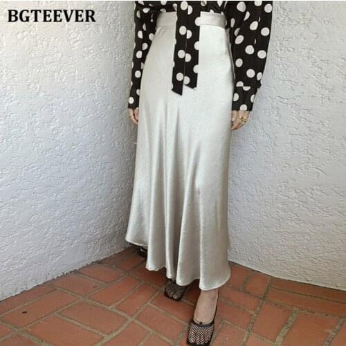 BGTEEVER Elegant Elastic High Waist Satin Midi Skirts for Women Chic Ladies Long Skirts 2021 Spring Summer A-line Skirts Femme