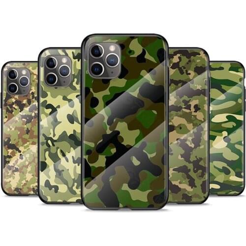Tempered Glass Cover Camouflage For Apple iPhone 12 11 8 7 6 6S XS XR SE X 2020 Pro Max Mini Plus Phone Case