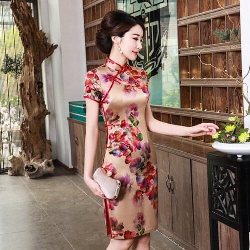 Chinese Women Red Flower Wedding Qipao Vintage Mandarin Collar Cotton Mini Cheongsam Plus Size Short Sleeve Evening Dress M-4XL