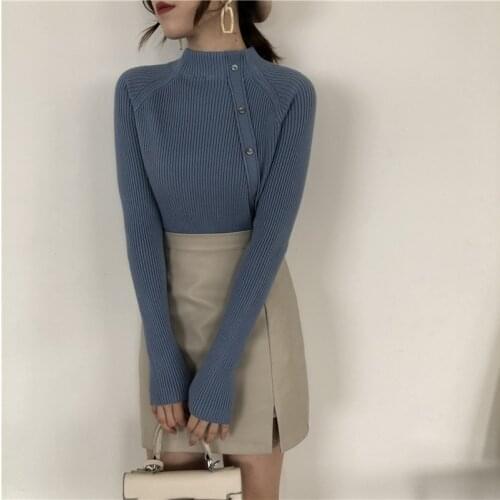 Korobov Korean Solid Irregular Single Breasted Women Knitwear Vintage Blue Stretch Long Sleeve Slim Sweaters Sueter Mujer 78978