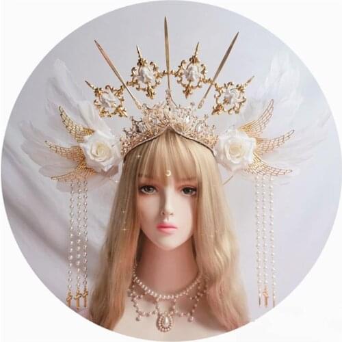 Crown Headwear Angel Feather Wing Virgin Mary White Bead Chain Baroque Wedding Tiara Gold Halo Lolita Gothic Hair Accessory