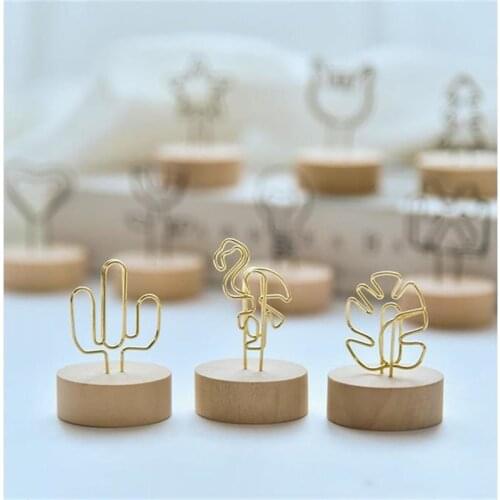 Mini Golden Photo Clips Creative Round Wooden Bottom Nordic Cute Cactus Iron Birthday Party Message Desktop Decor Picture Frames