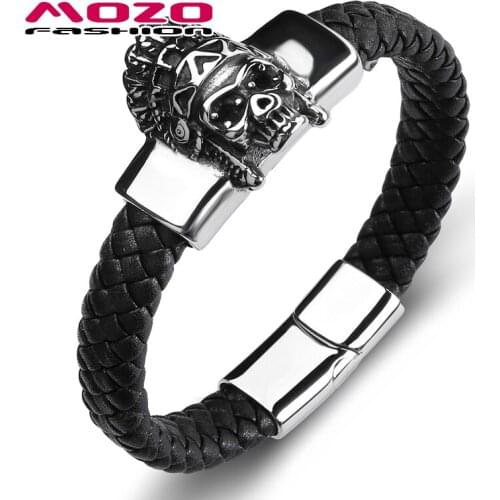 Punk Men Jewelry Black Braided Leather Bracelet Stainless Steel Magnetic Clasp Fashion Bangles