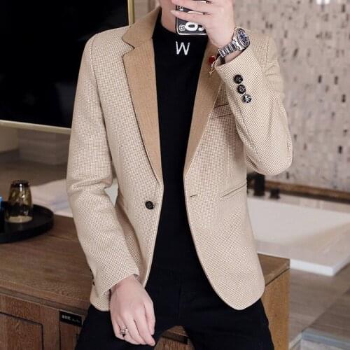 2021 mens casual slim-fit autumn one-button blazer woolen thick suit youth fashion plaid blazer