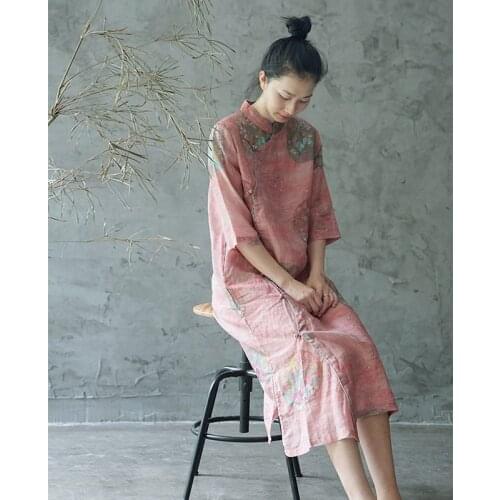 SCUWLINEN 2020 NEW Summer Autumn Women Dress Vintage Chinese-style Print Plate Buttons Long Ramie Dress Loose Zen Robe P262