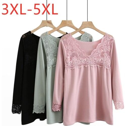 New Ladies Autumn Winter Plus Size Basic Tops For Women Large Long Sleeve Slim Elastic Wool Liner Thick Lace T-shirt 3XL 4XL 5XL