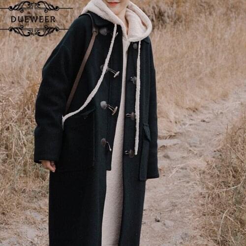 Wool Blends Women Horn Button Black Winter Loose Warm Overcoat Thicker Fashion Ulzzang Chic Outwear Casual Ins Students Simple