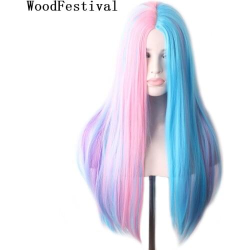 WoodFestival Female Synthetic Wig Long Hair Straight Colored Cosplay Wigs For Women Blonde Blue Red Brown Black Silver Burgundy