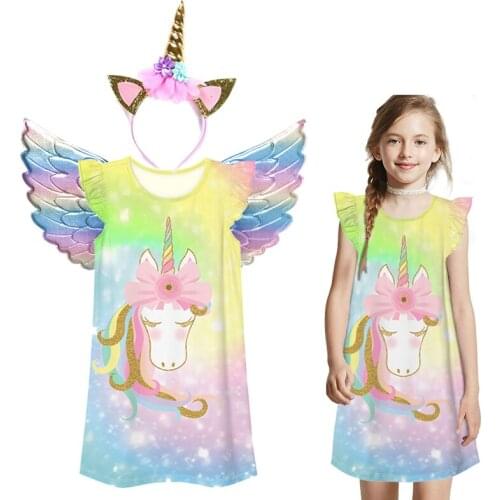 Girls Polyester Unicorn Outfit Dress Costume Princess With Wings Headband Summer Casual Girls Sleeveless Clothes Cute Outfit