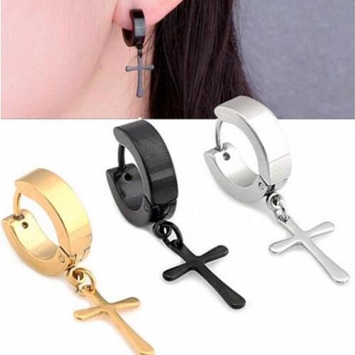 1Pair Punk Fashion Cross Pendant Hoop Earring Colorful Stainless Steel Earrings Hypoallergenic Ear Jewelry For Women Men Gifts