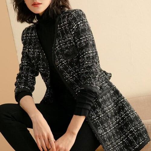 Trench Coat Womens Elegant Wool Coats 2020 Autumn New Long Houndstooth Tweed Wool Windbreaker Cardigan Female Outerwear