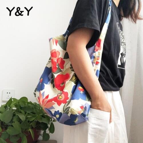 Y&Y Ins Floral Canvas Bag Korean Style Simple Cotton Bag Thin Women Shoulder Bag Female Messenger Bag Flower Summer