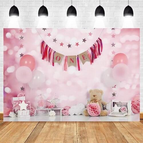 Yeele Pink Balloon Bear Toy Doll Star Baby Girl 1st Birthday Backdrop Photography Photographic Background Photozone Photocall