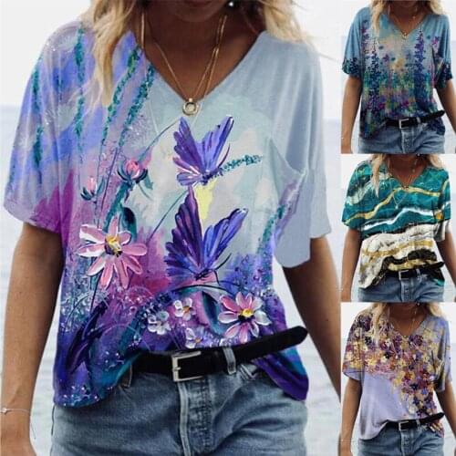 Women Summer Short Sleeve V-Neck Printed T-shirt Loose Casual Plus Size Beach Colorful Tops Blosue Plus Size