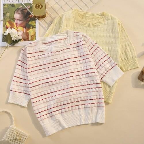 Knitted Short Sleeve Striped Ice Silk Plus Size Spring Summer Vintage Clothes For Women Oversized T-Shirt Tops Blouses 2021