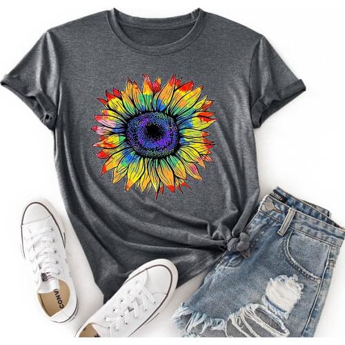 Women Crew Neck Short Sleeve Casual Summer T-shirts Colorful Sunflowers Graphic Tee Shirts Tops Female Clothes Shirt