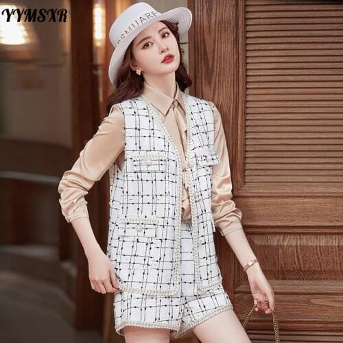 Spring and Autumn Womens Suit Shorts Two-piece Set 2021 New High-quality High-quality Sleeveless Plaid Jacket Vest Casual Pants