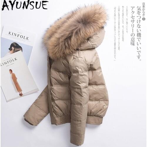 AYUNSUE Womens Winter Down Jacket Woman Hooded Short Korean Puffer Coat Women Real Fur Collar Down Jackets Abrigo Mujer KJ725