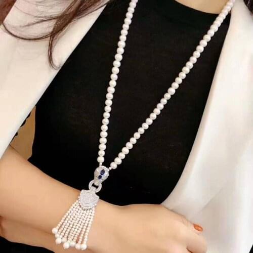 Womens jewelry 8-9mm 70+15cm micro inlaid zircon leopard head accessories white freshwater pearl necklace