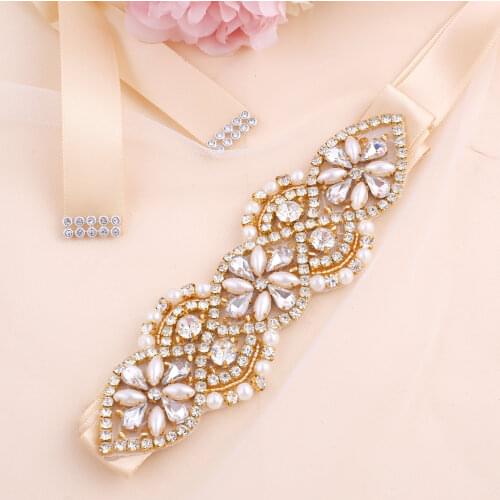 Wedding Dress Belt Rhinestones Bride Sash Gold Color Flower Pearl Bridal Belt Colorful Ribbon Women Party Dress Accessories