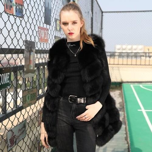 Winter Black Luxury Fox Fur Vest Women Real Fur Sleeveless Coat
