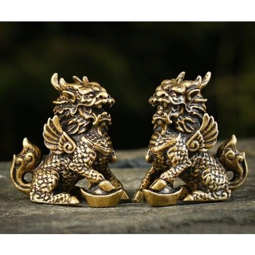 Antique Bronze Mythical Beast Qi Lin Statue Pure Brass Lucky Animal Figurines Ornaments Home Feng Shui Living Room Decorations