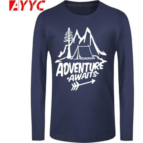 AYYC long sleeve tee Adventure Awaits Letter T-shirt Travel Mountains Tent Printing T-shirt Top Quality Pure Cotton Unisex