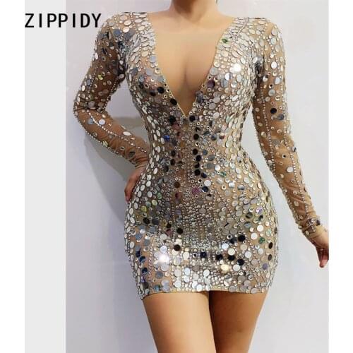 Bling Silver Sequins Rhinestones Mesh MINI Dress Female Singer Dancer Dress Stage Wear Womens Birthday Celebrate Dress