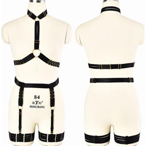 Black Body Harness Belt Set Sexy Lingerie Gold O-Ring Cage Bra Gothic Bondage Harness Pole Dance Rave Stockings Leg Garter Belt