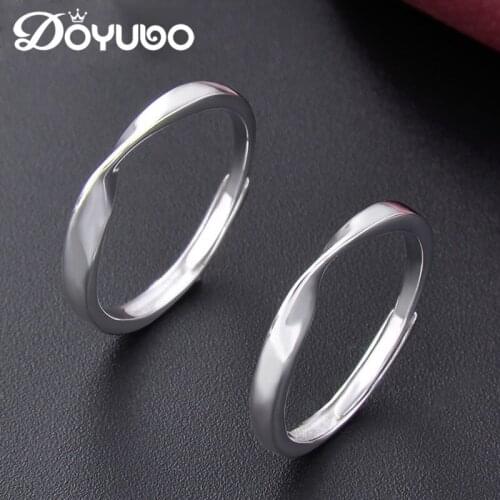 DOYUBO Simple 925 Sterling Silver Lovers Rings Adjustable Size Solid Silver Couples Wedding Bands Anniversary Ring Jewelry VB260