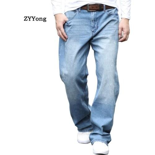 Fashion Elastic Men Jeans Straight Comfortable Loose Baggy Hip Hop Denim Pants Cotton Light Blue Wide Leg Trouser Large Size 44