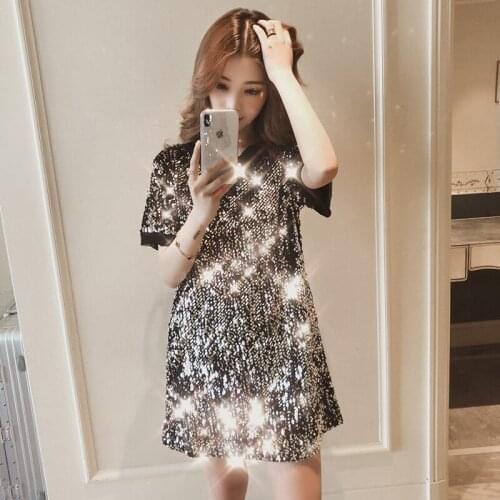 Summer New design women o-neck loose short sleeve plus size paillette shinny bling sequined medium long dress t-shirt dress