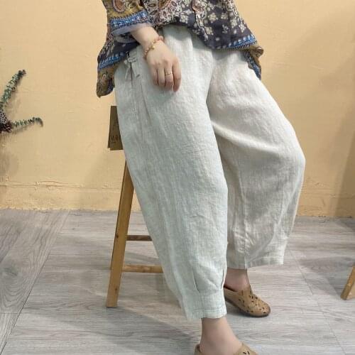 Women Summer Pants Retro Elastic Waist Loose All-match Trousers Ladies 2021 New Concise Casual Vintage Pants
