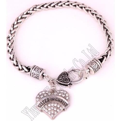 Best Price High Quality zinc studded with crystals SISTER IN CHRIST heart pendant bracelet