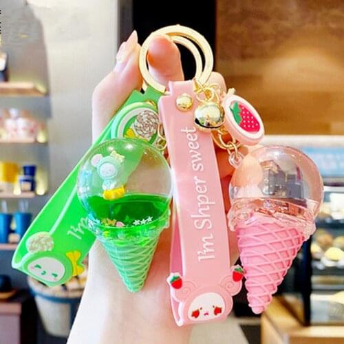 Cute Cartoon Crystal Ice Cream Keychain PVC Keyrins for Women Bag Charms Car Key Holder Pendant Accessories Lovers Jewelry