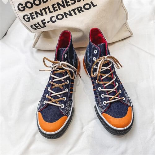 New Denim Vulcanized Shoes Men Casual Flat-heeled Blue High-top Lace-up Canvas Shoes Mens Breathable All-match Student Sneakers