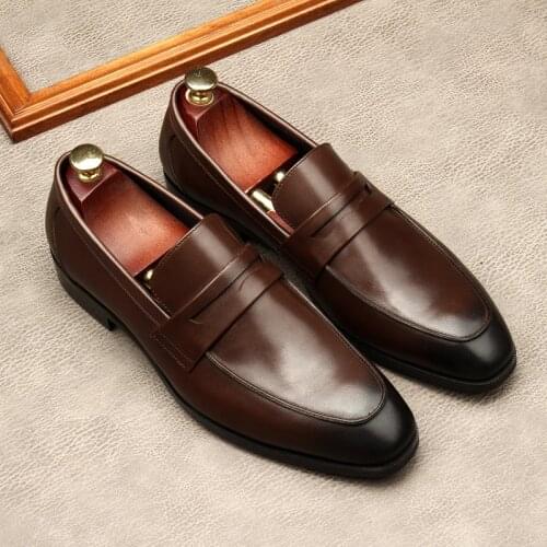 Large Size EUR45 Black / Deep Coffee Mens Loafers Casual Business Shoes Genuine Leather Formal Dress Shoes