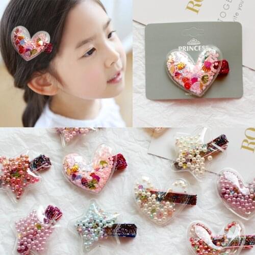 New Cute Girls Hair Clip Shiny Star Princess Crown Hairpin Transparent Pu With Colorful Sequin Pearls Barrettes Hair Accessories