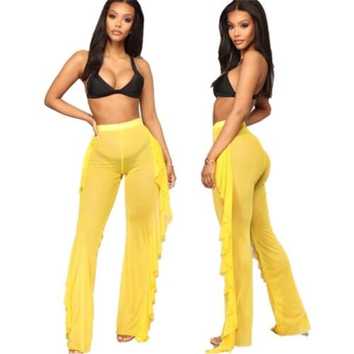 Sexy Women Bikini Cover Up Plus Size Mesh Ruffles Sheer Wide Leg See-Through Long Pants Beachwear Bathing Suit Swimsuit Swimwear