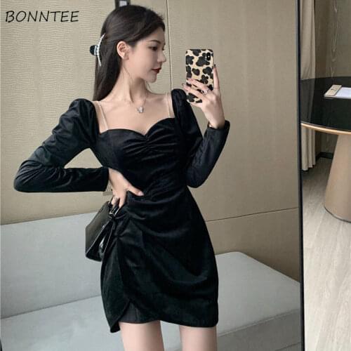 Long Sleeve Dress Women Slim Temperament Square Collar Fashion Soft Spring Charm Pure Classy Elegant Vestidos Mujer Vintage Mini