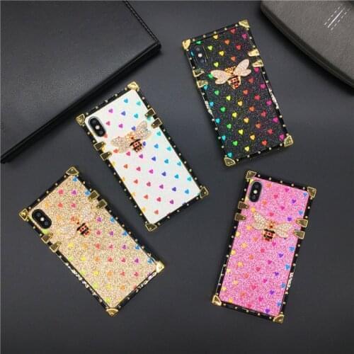 Luxury Glitter Love Heart Cover Gold Bling Diamond Bee Square Case for Motorola Moto G Power 2021 G Stylus G Play One 5G Ace
