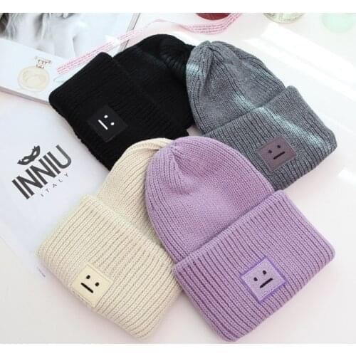 1 Pcs Korean Square Smiling Face Knitted Caps Autumn Winter Brand Skullies Beanies Lovers Hats For Women And Men 4 Colors