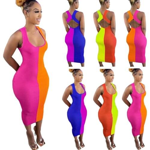 Stylish Female Strapped Montage Sling Colorful Curved Knee-length Dress Undefined Women Dress Hot Sale 2021
