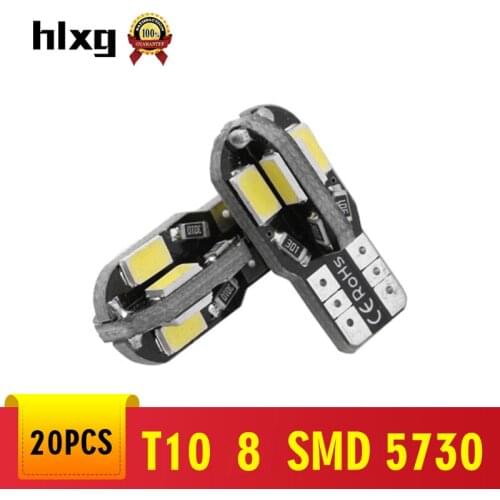 Hlxg 20PCS T10 Led Car Interior Bulb Canbus Error Free T10 194 168 W5W 5730 8 LED SMD White Car Side Wedge Light Lamp Bulb