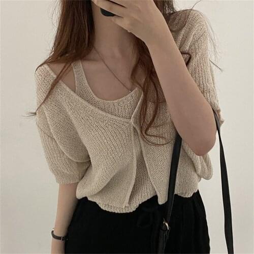 Alien Kitty Knitted Two-Piece Sets All Match Slim Femme Chic Autumn 2021 Hot Knitwear New Soft Cardigans Sweaters With Tank Tops