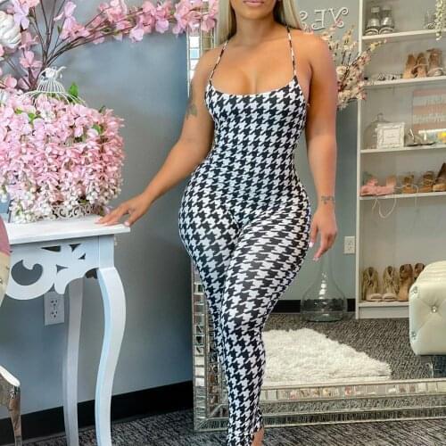Streetwear Strap Houndstooth Bodycon Jumpsuit Women Overalls Backless Sexy Ladies Jumpsuit Romper Female One Piece Outfit