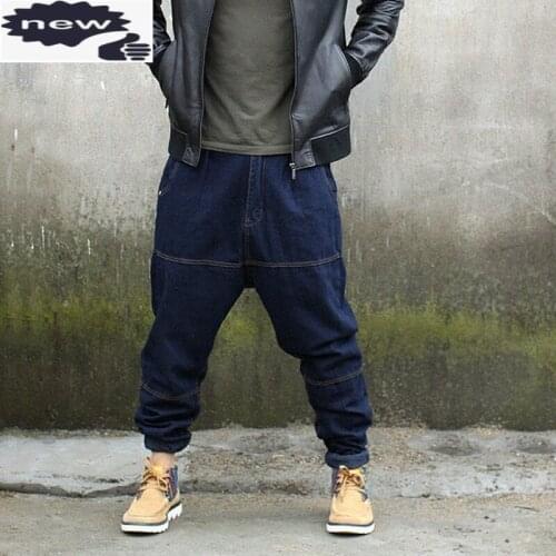 Hip Hop Korea Mens Full Length Cross Denim Harem Loose Fit Plus Size S-4XL Fashion Street dance Hanging carrot pants
